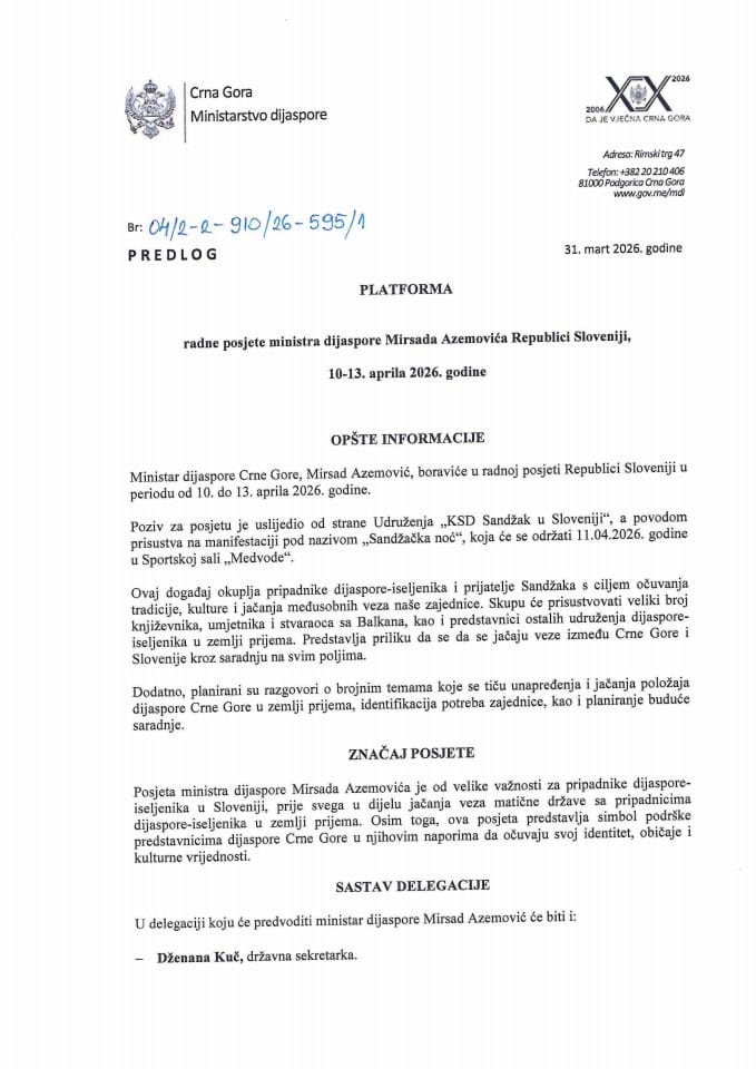 Предлог платформе радне посјете министра дијаспоре Мирсада Аземовића Републици Словенији, 10-13. априла 2026. године