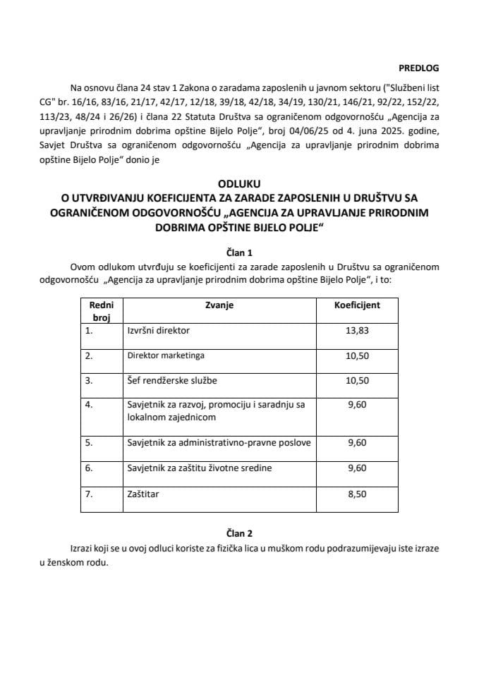 Predlog odluke o utvrđivanju koeficijenata za zarade zaposlenih u Društvu sa ograničenom odgovornošću „Agencija za upravljanje prirodnim dobrima opštine Bijelo Polje“