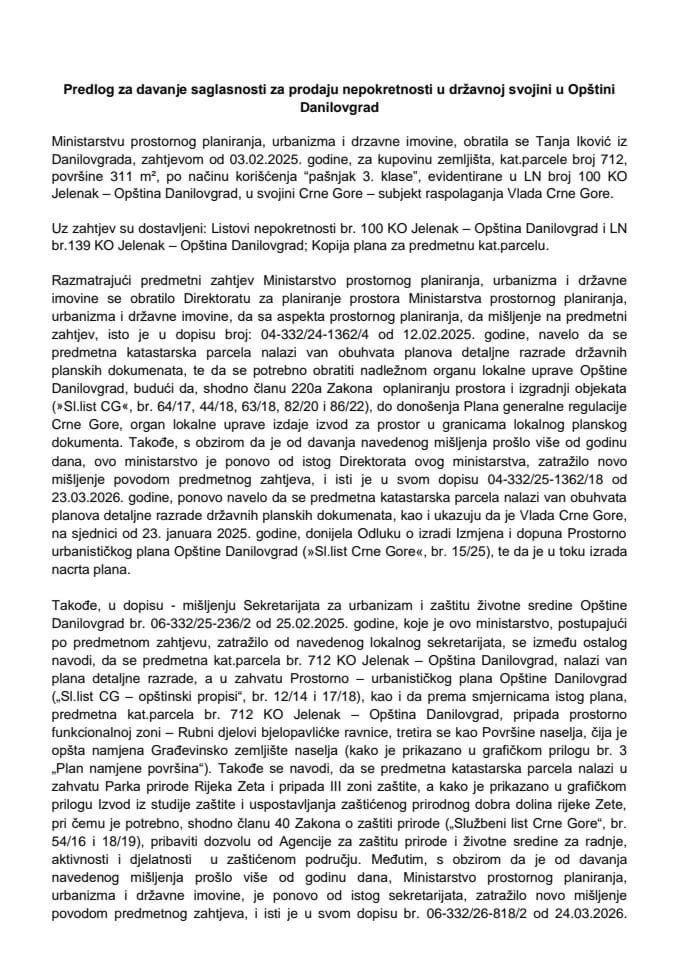 Предлог за давање сагласности за продају непокретности у државној својини у Општини Даниловград с Предлогом уговора