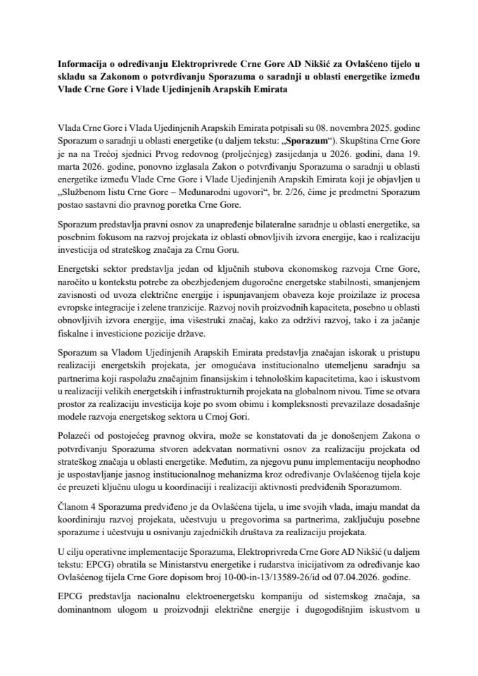 Informacija o određivanju Elektroprivrede Crne Gore AD Nikšić za Ovlašćeno tijelo u skladu sa Zakonom o potvrđivanju Sporazuma o saradnji u oblasti energetike između Vlade Crne Gore i Vlade Ujedinjenih Arapskih Emirata
