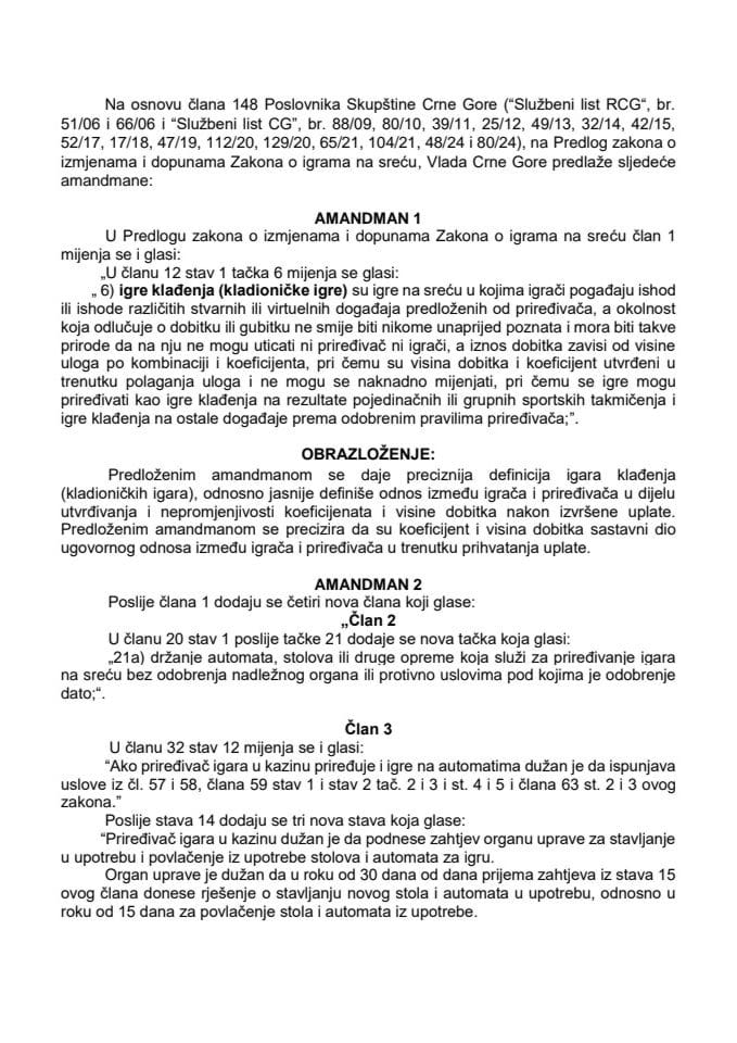 Predlog amandmana na Predlog zakona o izmjenama i dopunama Zakona o igrama na sreću