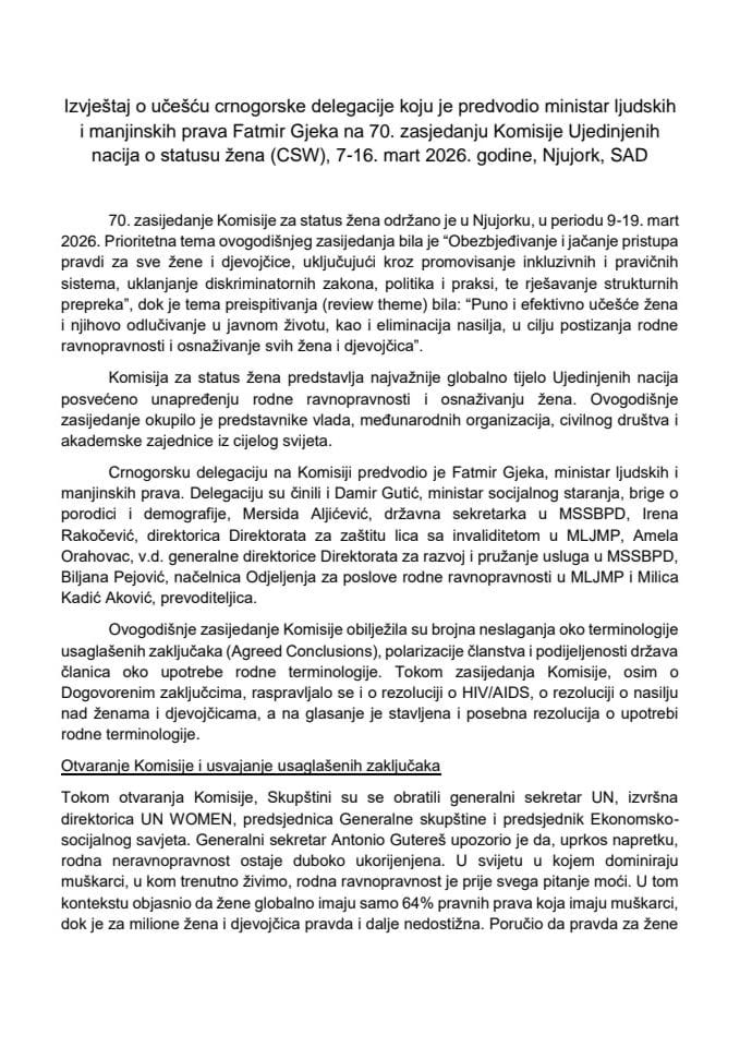 Извјештај о учешћу црногорске делегације коју је предводио министар људских и мањинских права Fatmir Gjeka на 70. засиједању Комисије Уједињених нација о статусу жена (CSW), 7-16. март 2026. године, Њујорк, САД