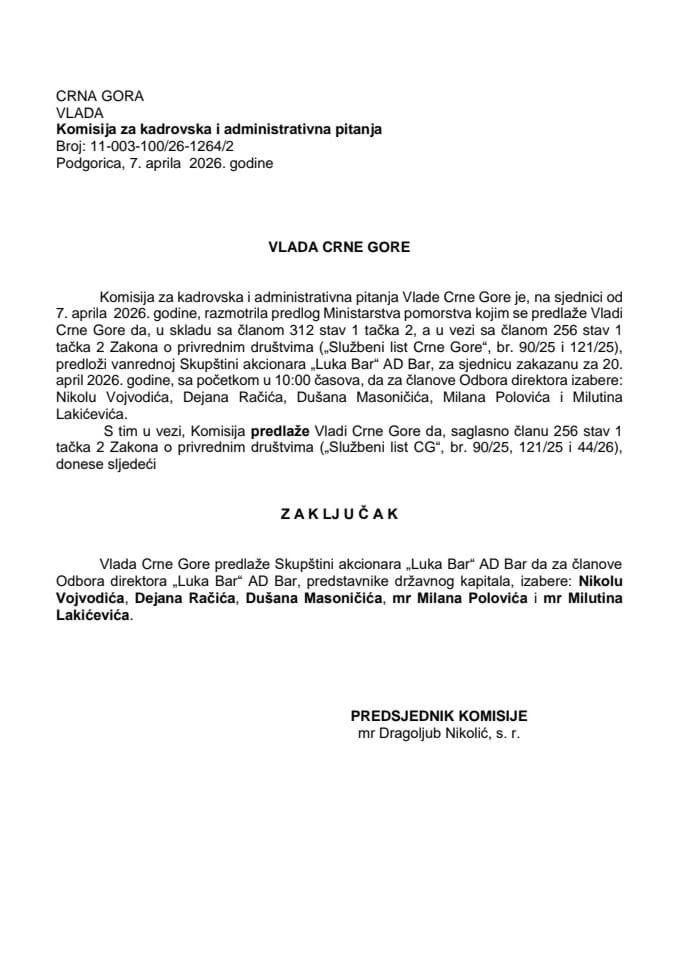 Predlog za izbor članova Odbora direktora „Luka Bar“ AD Bar