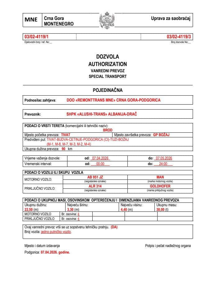 REMONTTRANS MNE 03-02-4119-ALUSHI TRANS