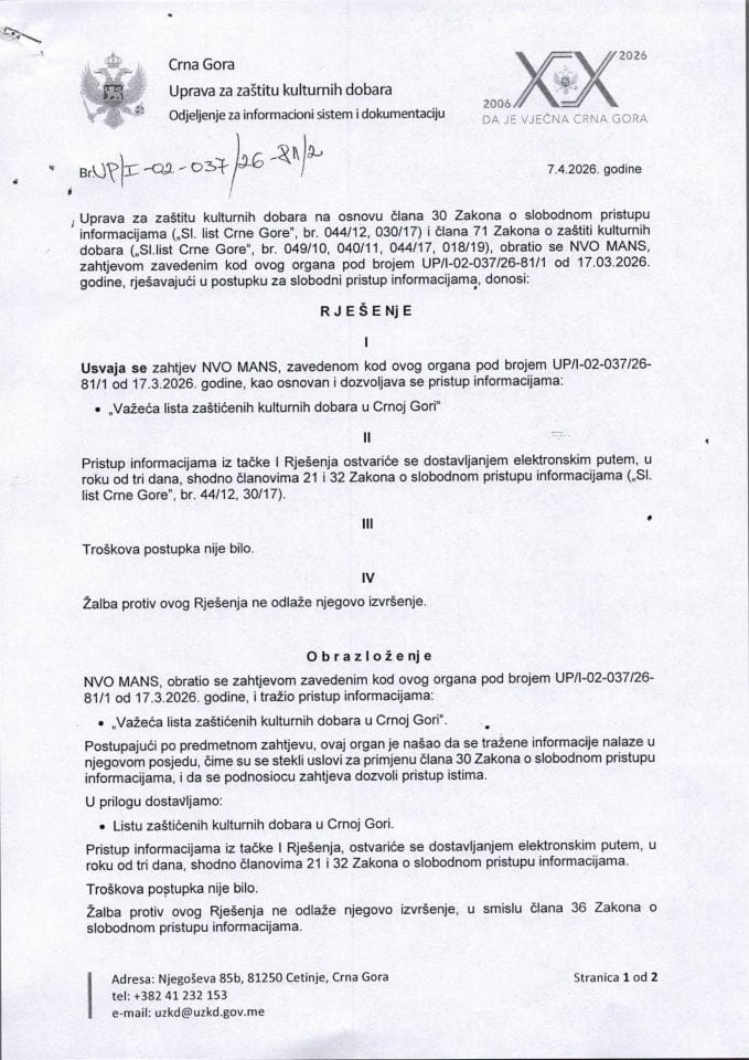 SPI Rješenje UP-I-02-037-26-81-2 od 07.04.2026.