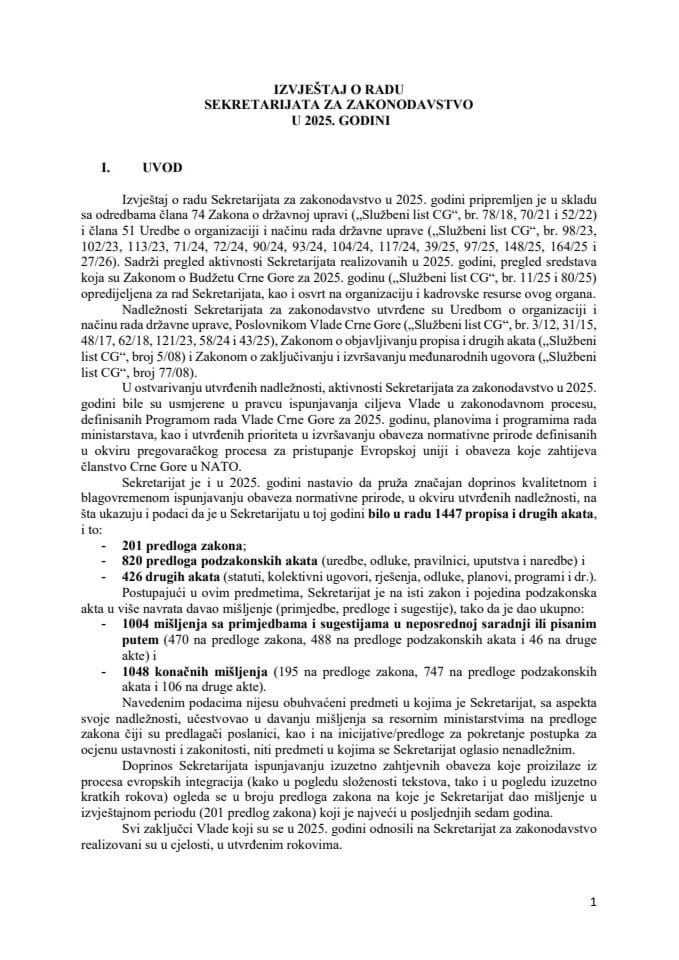 Izvještaj o radu Sekretarijata za zakonodavstvo u 2025. godini