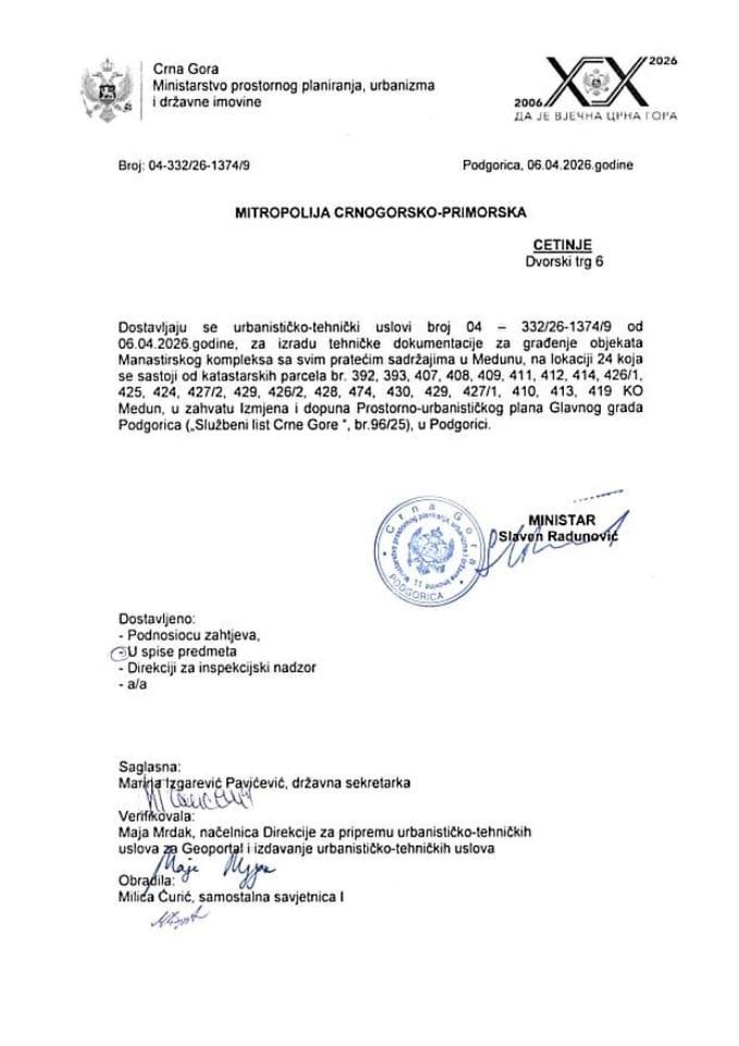 Izdati urbanističko-tehnički uslovi - 04-332-26-1374-9 MITROPOLIJA CRNOGORSKO - PRIMORSKA CETINJE