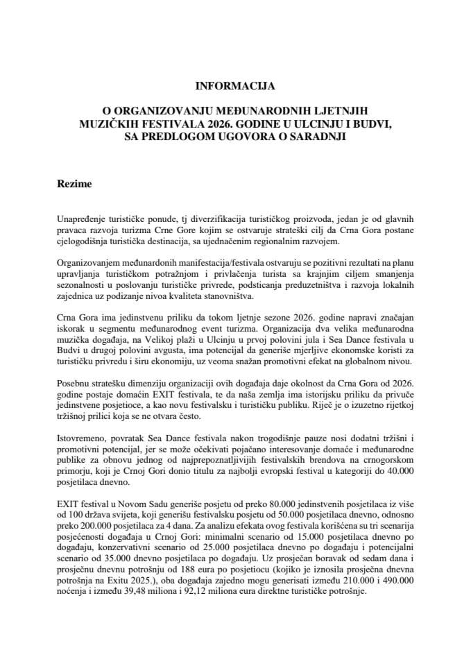 Информација о организовању међународних љетњих музичких фестивала 2026. године у Улцињу и Будви, са Предлогом уговора о сарадњи