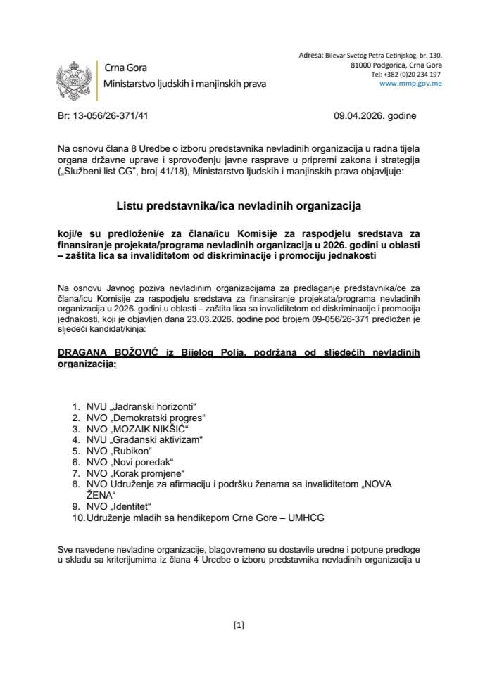 Lista predstavnika NVO predloženih za Komisiju 2026 OSI