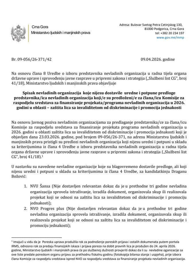 Spisak NVO  koje nijesu dostavile  uredne i potpune predloge predstavnika/ica NVO koji/e su predloženi/e za člana/icu Komisije 2026. - Oblast OSI