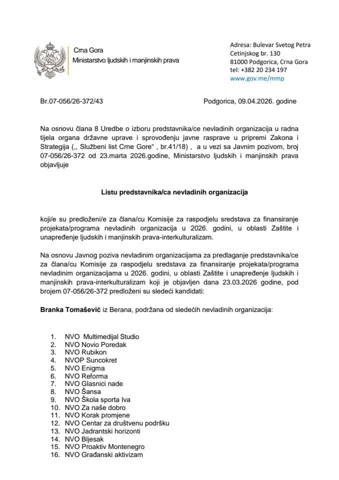 Lista predstavnika/ca NVO koji/e su predloženi/e za člana/cu Komisije za raspodjelu sredstava za finansiranje projekata/programa nevladinih organizacija u 2026. -Interkulturalizam