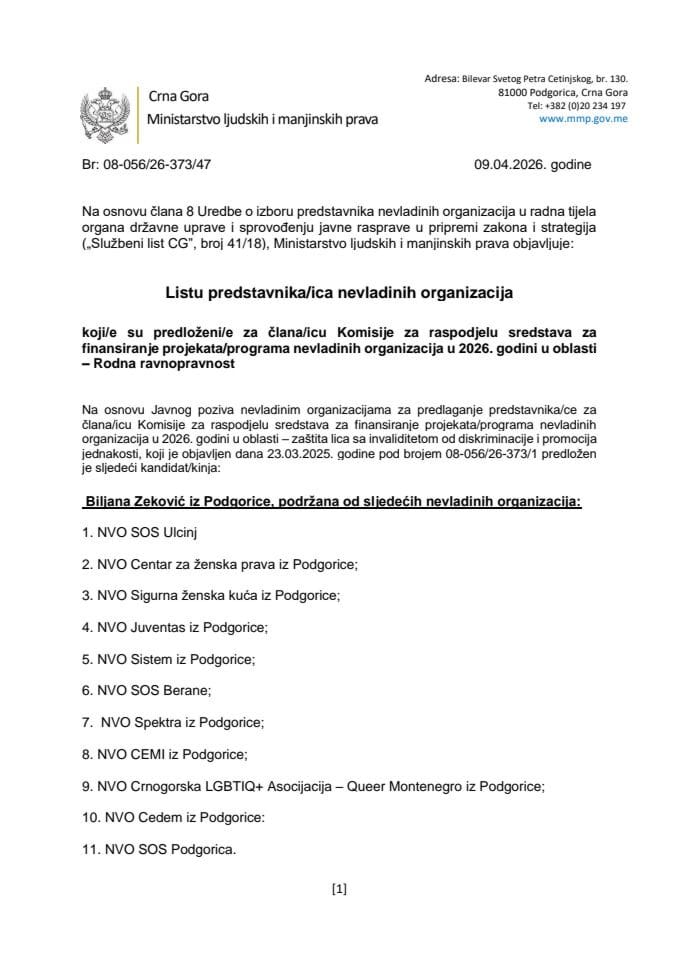 Lista predstavnika/ica NVO koji/e su predloženi/e za člana/icu Komisije za raspodjelu sredstava za finansiranje projekata/programa NVO u 2026.- oblast Rodna Ravnopravnost