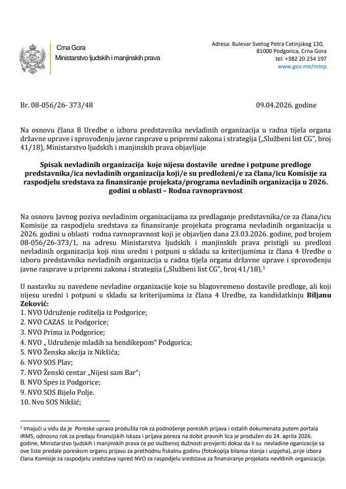 Spisak NVO koje nijesu dostavile uredne i potpune predloge predstavnika/ca NVO koji/e su predloženi/e za člana/icu Komisije za raspodjelu sredstava 2026-Oblast Rodna ravnopravnost