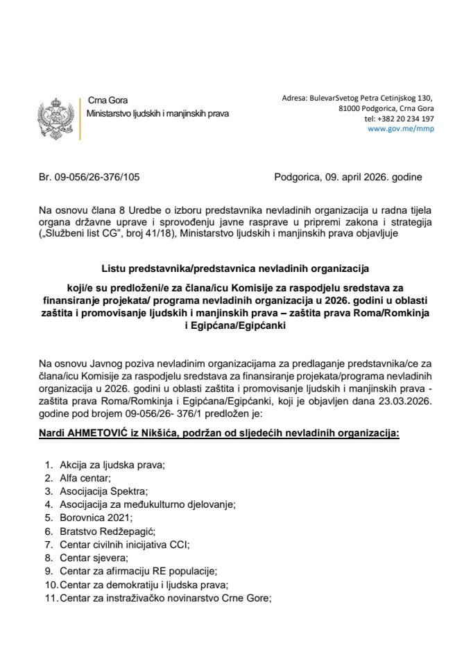 Lista predstavnika/ca NVO koji/e su predloženi/e za člana/icu Komisije za raspodjelu sredstava za finansiranje projekata/ programa nevladinih organizacija u 2026. oblast RE