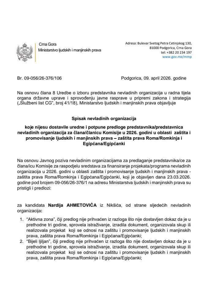 Списак НВО које нијесу доставиле уредне и потпуне предлоге представника/ца невладиних организација за члана/чланицу Комисије у 2026. област РЕ