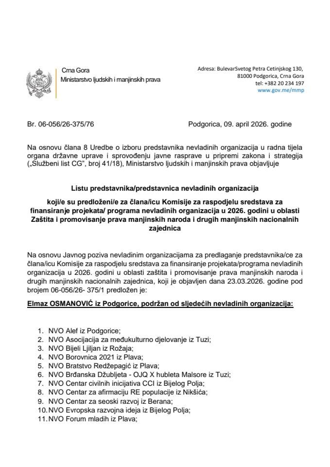 Lista predstavnika/ca NVO koji/e su predloženi/e za člana/cu Komisije za raspodjelu sredstava za finansiranje projekata/programa nevladinih organizacija u 2026.-oblast manjine