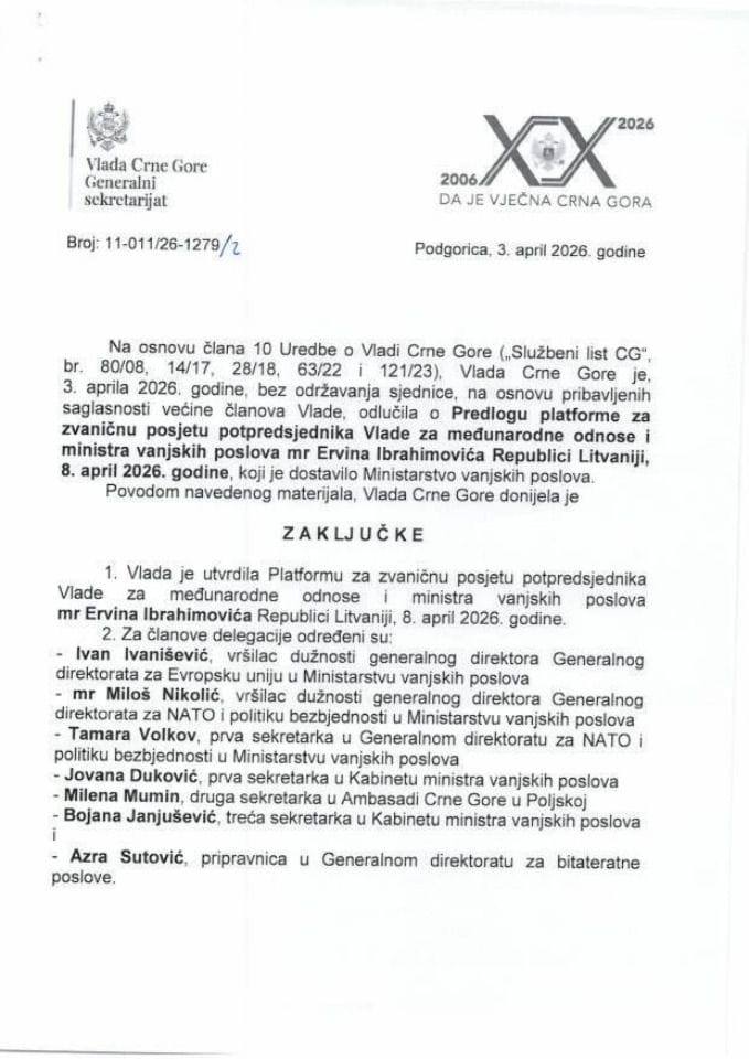 Predlog platforme za zvaničnu posjetu potpredsjednika Vlade Crne Gore za međunarodne odnose i ministra vanjskih poslova mr Ervina Ibrahimovića Republici Litvaniji, 8. april 2026. godine - Zaključci