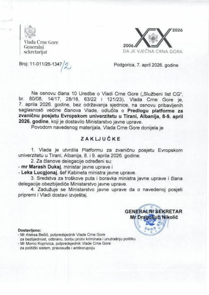 Predlog platforme za zvaničnu posjetu ministra javne uprave Maraša Dukaja Evropskom univerzitetu u Tirani, Republika Albanija, 8 - 9. aprila 2026. godine - Zaključci