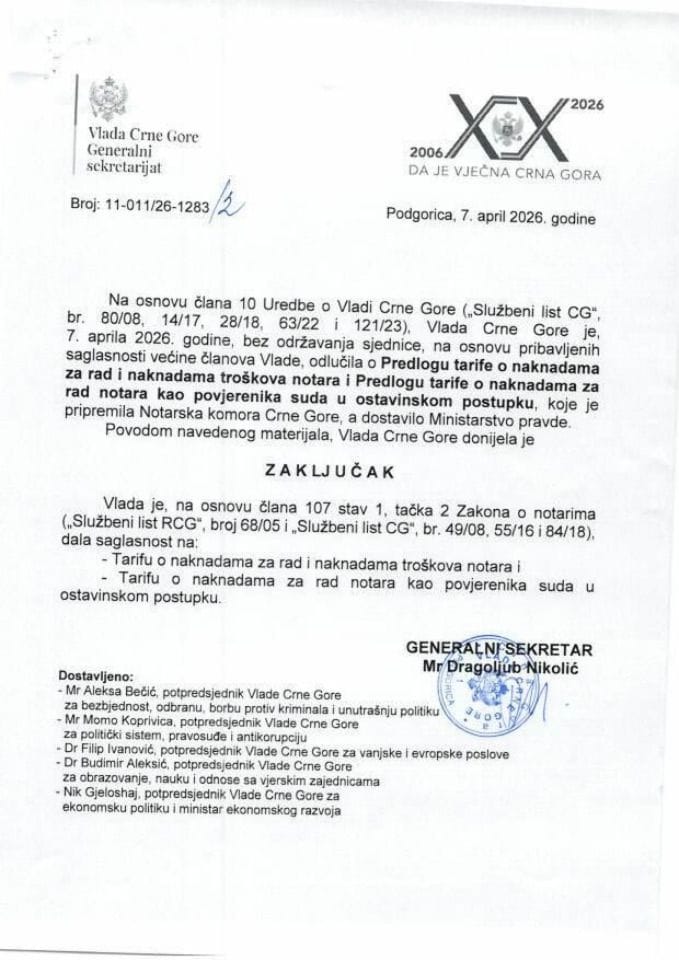 Predlog tarife o naknadama za rad i naknadama troškova notara i Predlog tarife o naknadama za rad notara kao povjerenika suda u ostavinskom postupku - Zaključci