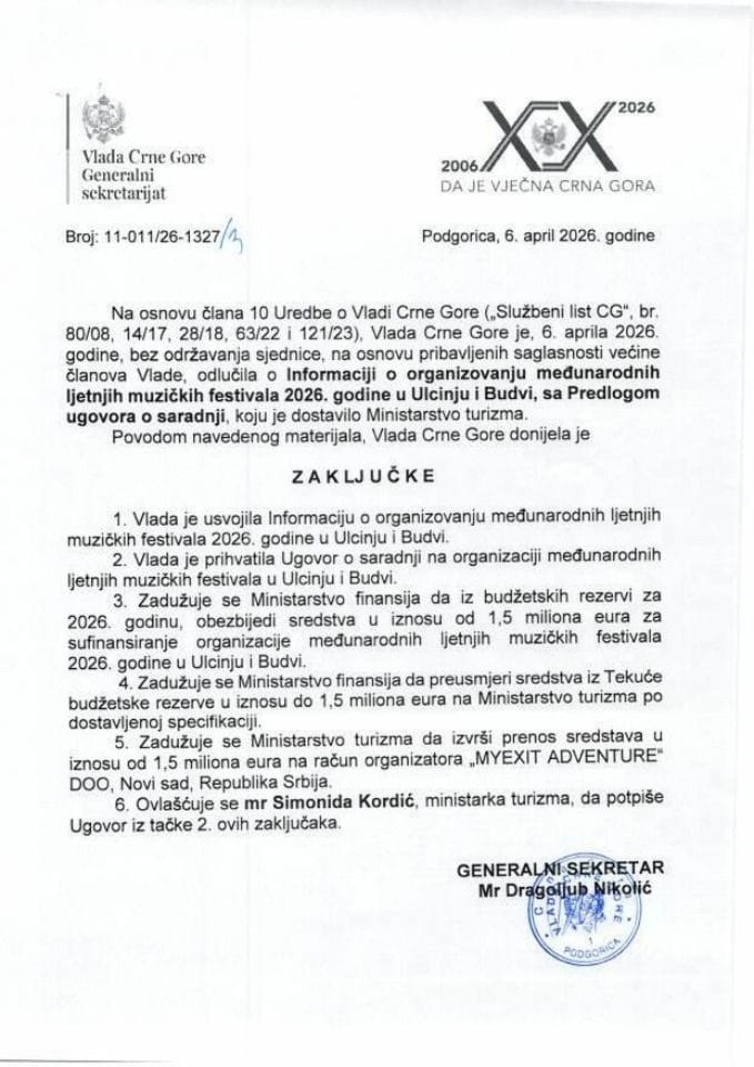 Информација о организовању међународних љетњих музичких фестивала 2026. године у Улцињу и Будви, са Предлогом уговора о сарадњи - Закључци