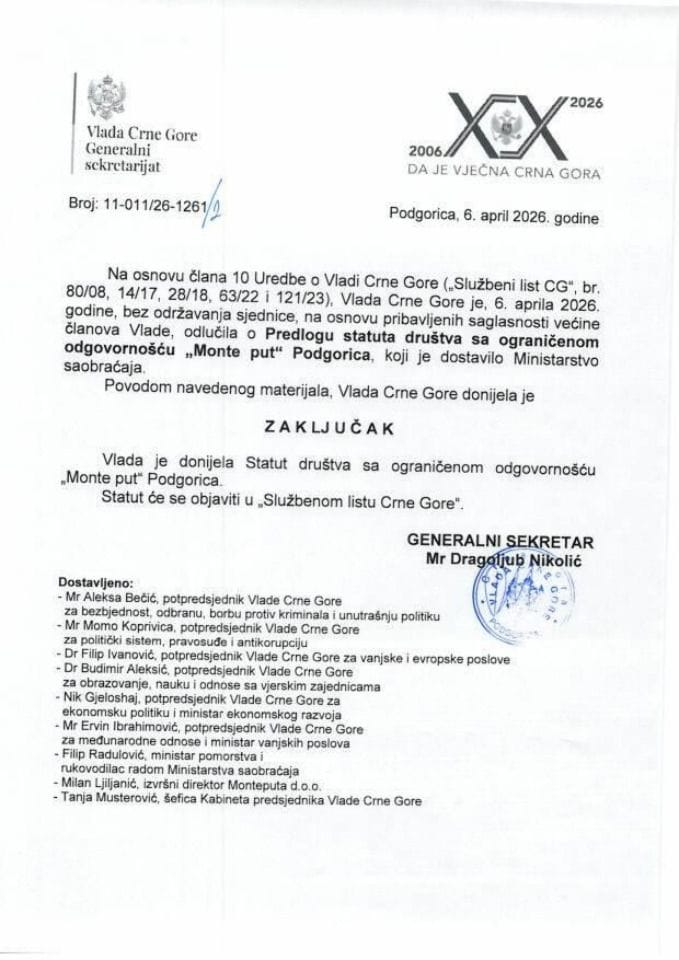 Предлог статута друштва са ограниченом одговорношћу „Монте пут“ Подгорица - Закључци