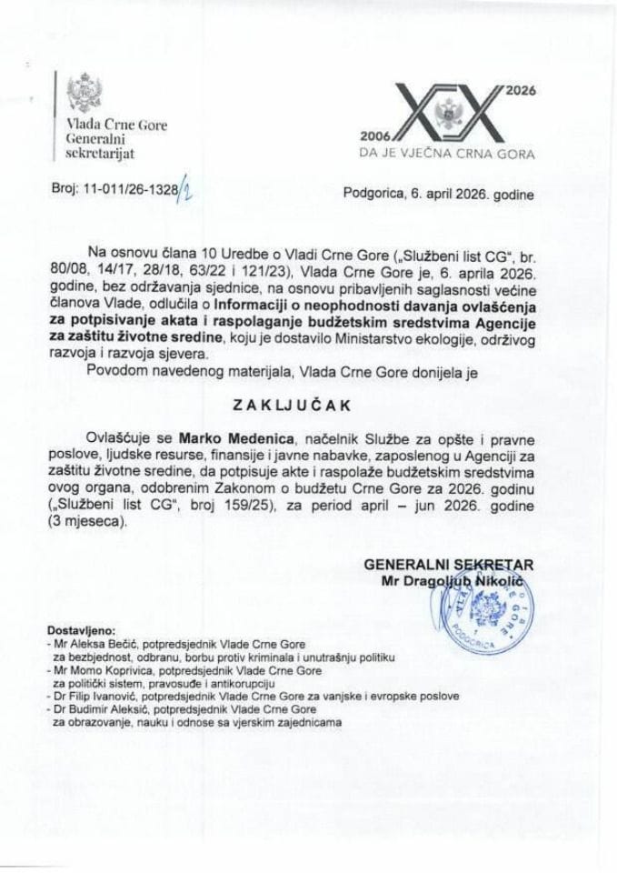 Informacija o neophodnosti davanja ovlašćenja za potpisivanje akata i raspolaganje budžetskim sredstvima Agencije za zaštitu životne sredine - Zaključci