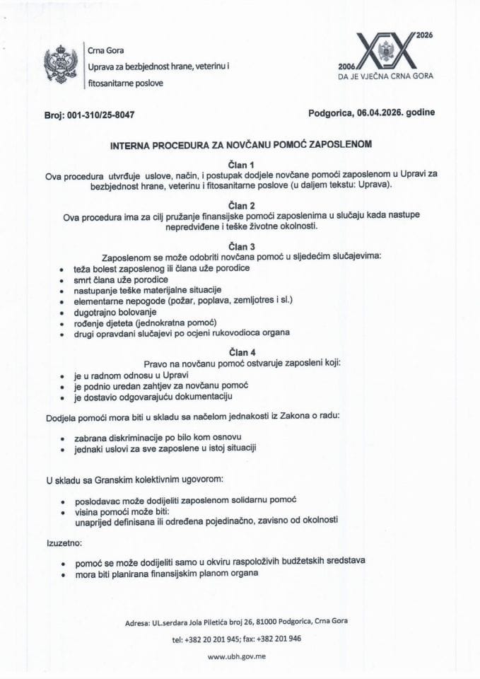 INTERNA PROCEDURA ZA NOVČANU POMOĆ ZAPOSLENOM