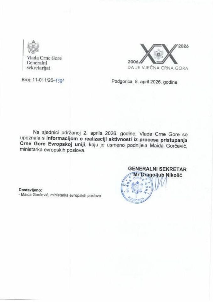 Usmena informacija o realizaciji aktivnosti iz procesa pristupanja Crne Gore  Evropskoj uniji - Zaključci