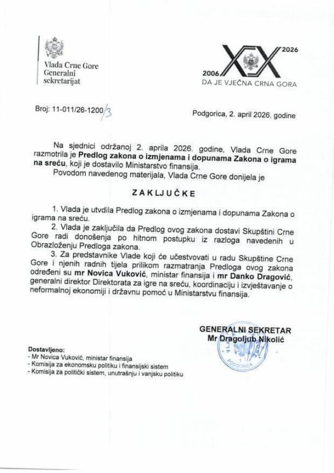 Predlog zakona o izmjenama i dopunama Zakona o igrama na sreću - Zaključci