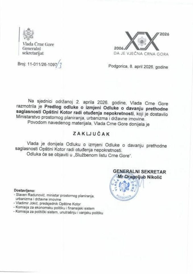 Predlog odluke o izmjeni Odluke o davanju prethodne saglasnosti Opštini Kotor radi otuđenja nepokretnosti - Zaključci