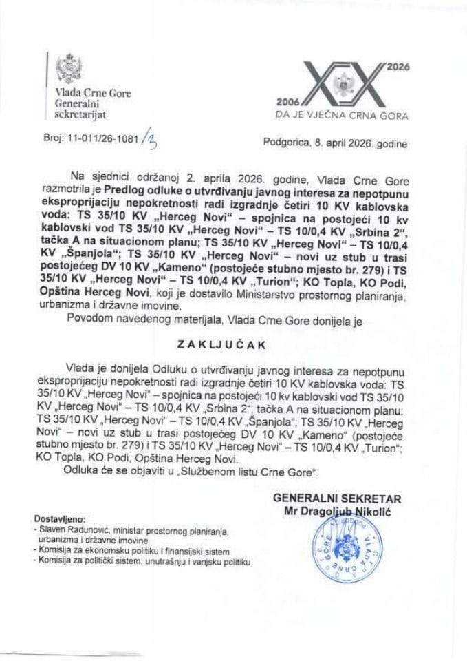 Predlog odluke o utvrđivanju javnog interesa za nepotpunu eksproprijaciju nepokretnosti radi izgradnje četiri 10 kV kablovska voda, opština Herceg Novi - Zaključci