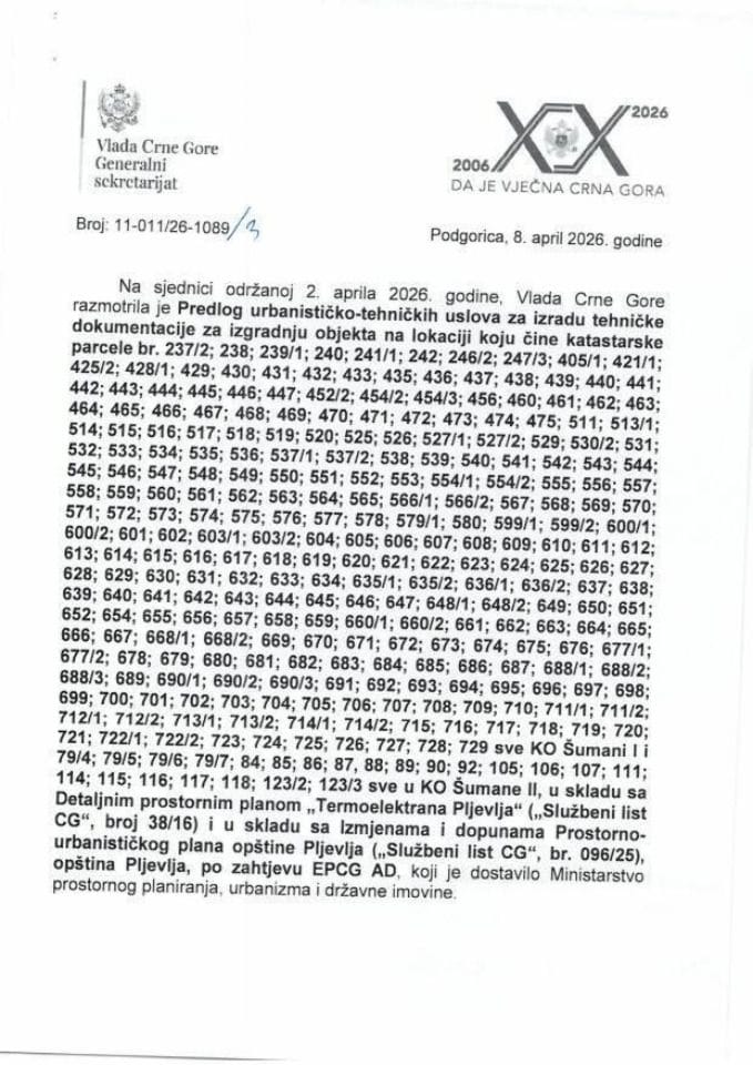 Predlog urbanističko-tehničkih uslova za izradu tehničke dokumentacije za izgradnju objekta na lokaciji koju čine katastarske parcele, opština Pljevlja, po zahtjevu EPCG AD - Zaključci