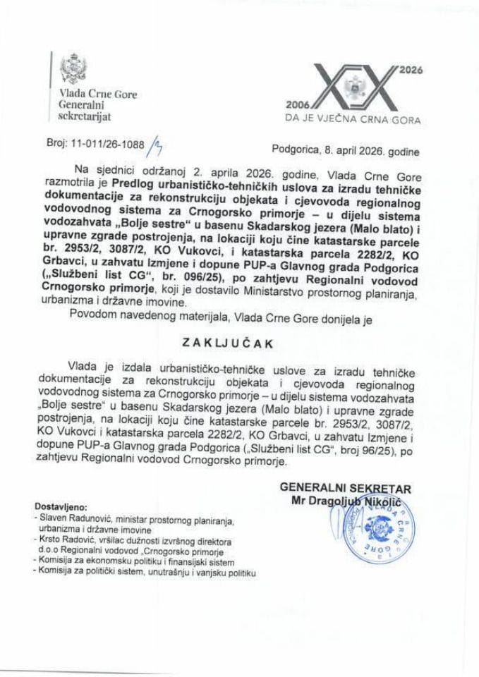 Predlog urbanističko-tehničkih uslova za izradu tehničke dokumentacije za rekonstrukciju objekata i cjevovoda regionalnog vodovodnog sistema za crnogorsko primorje,  po zahtjevu Regionalni vodovod Crnogorsko primorje d.o.o. - Zaključci