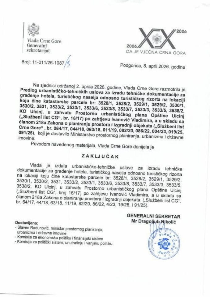Predlog urbanističko-tehničkih uslova za izradu tehničke dokumentacije za građenje hotela, turističkog naselja odnosno turističkog rizorta u zahvatu Prostorno urbanističkog plana Opštine Ulcinj, po zahtjevu Ivanović Vladimira - Zaključci