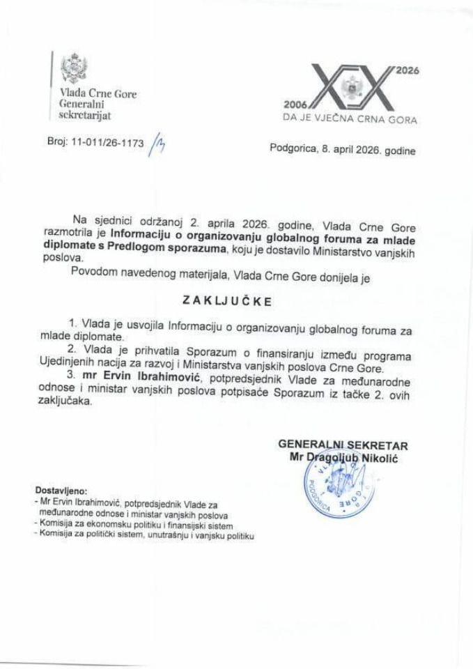 Informacija o organizovanju globalnog foruma za mlade diplomate s Predlogom sporazuma - Zaključci