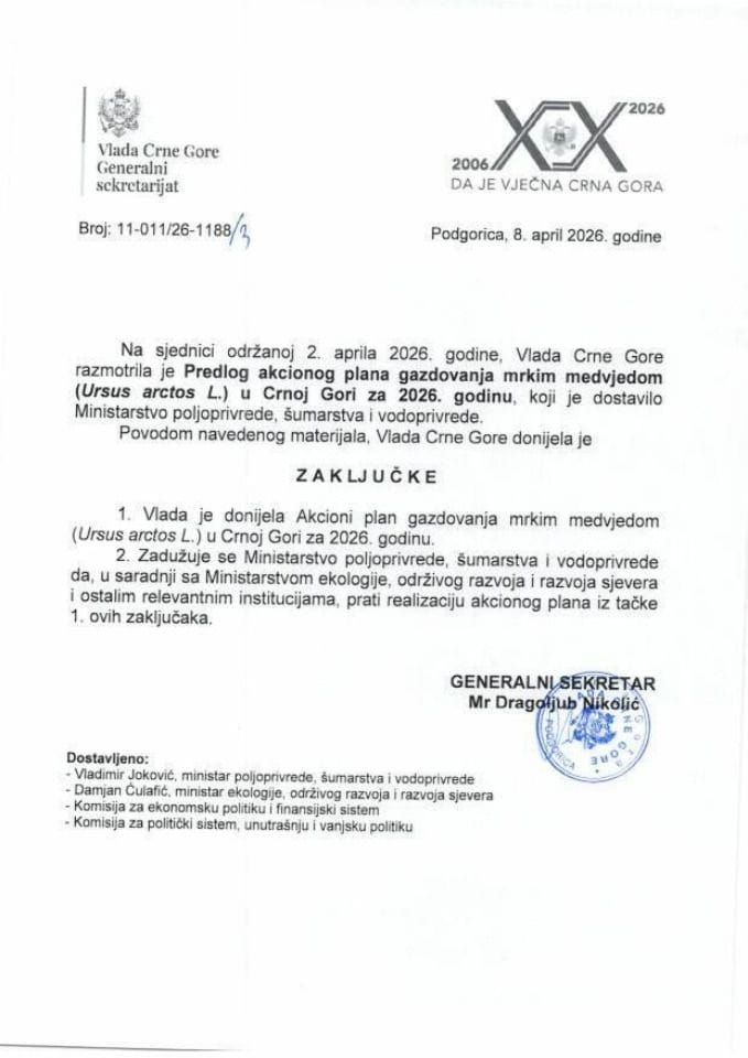Predlog akcionog plana gazdovanja mrkim medvjedom (Ursus arctos L.) u Crnoj Gori za 2026. godinu - Zaključci