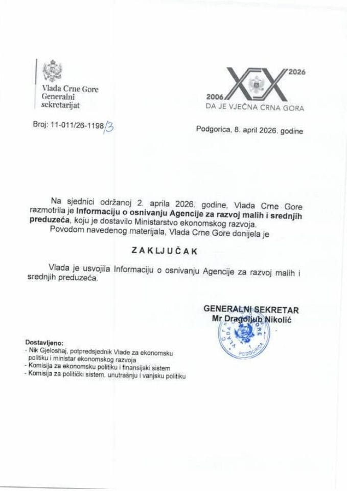 Informacija o osnivanju Agencije za razvoj malih i srednjih preduzeća - Zaključci