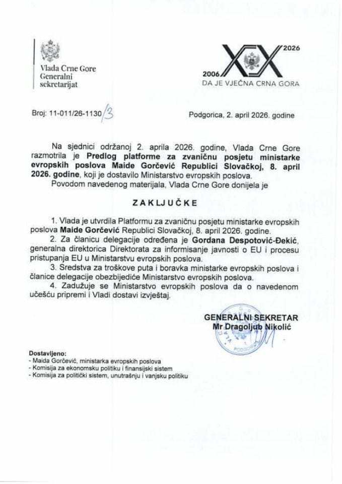 Predlog platforme za zvaničnu posjetu ministarke evropskih poslova Maide Gorčević Republici Slovačkoj, 8. april 2026. godine - Zaključci