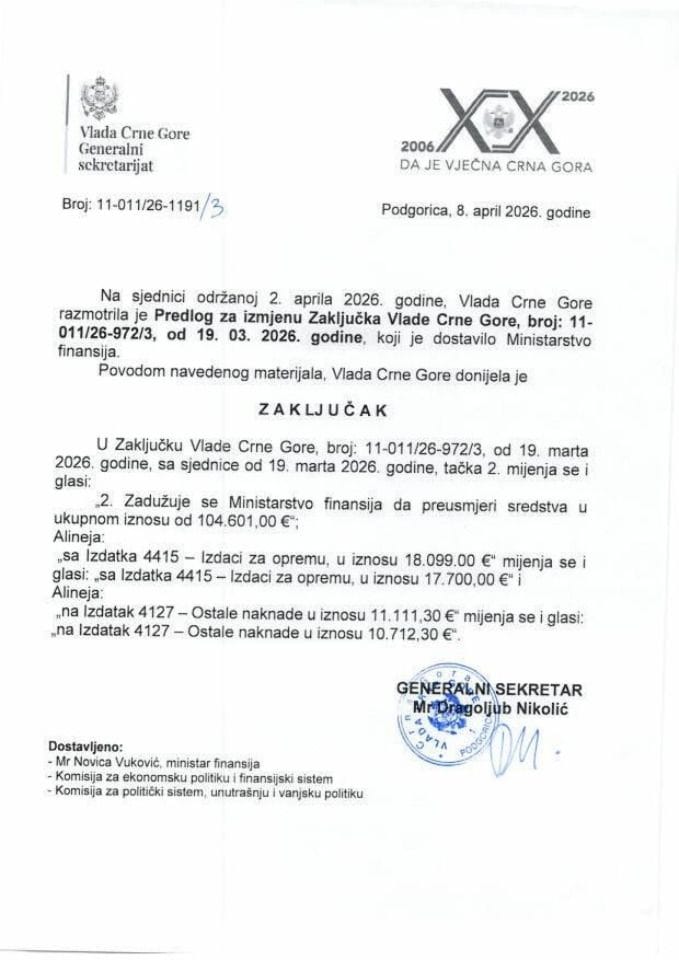 Predlog za izmjenu Zaključka Vlade Crne Gore, broj: 11-011/26-972/3, od 19.03.2026. godine - Zaključci