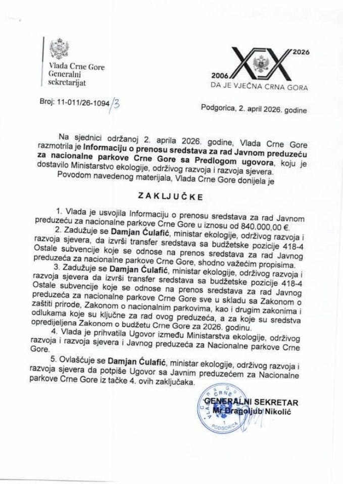 Informacija o prenosu sredstava za rad Javnom preduzeću za nacionalne parkove Crne Gore s Predlogom ugovora - Zaključci