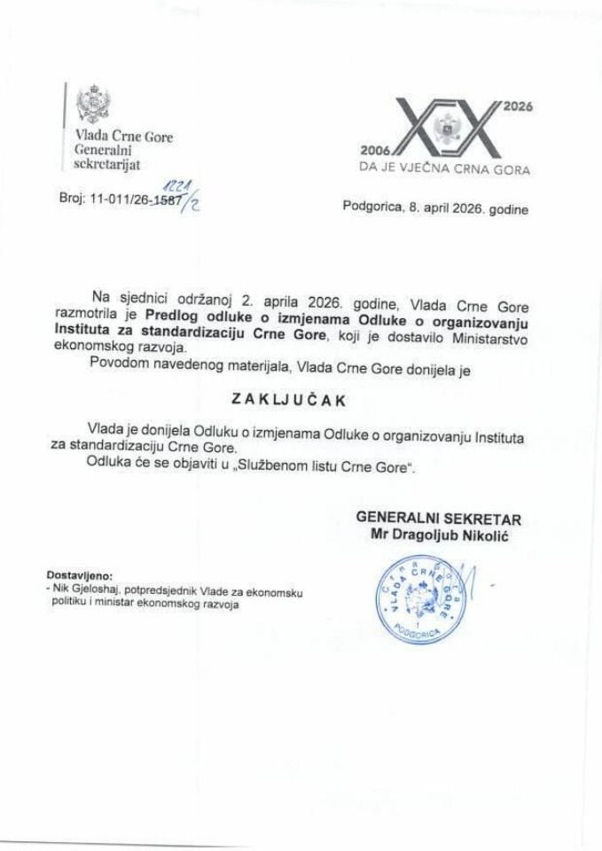 Predlog odluke o izmjenama Odluke o organizovanju Instituta za standardizaciju Crne Gore - Zaključci