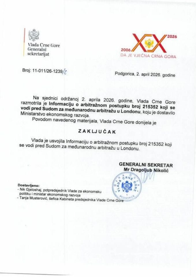 Informacija o arbitražnom postupku broj 215352 koji se vodi pred sudom za međunarodnu arbitražu u Londonu - Zaključci