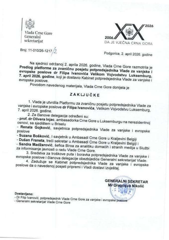Predlog platforme za zvaničnu posjetu potpredsjednika Vlade za vanjske i evropske poslove dr Filipa Ivanovića Velikom Vojvodstvu Luksemburg, 7. april 2026. godine - Zaključci