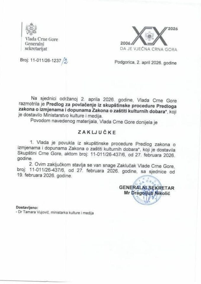 Predlog za povlačenje iz skupštinske procedure Predloga zakona o izmjenama i dopunama Zakona o zaštiti kulturnih dobara* - Zaključci