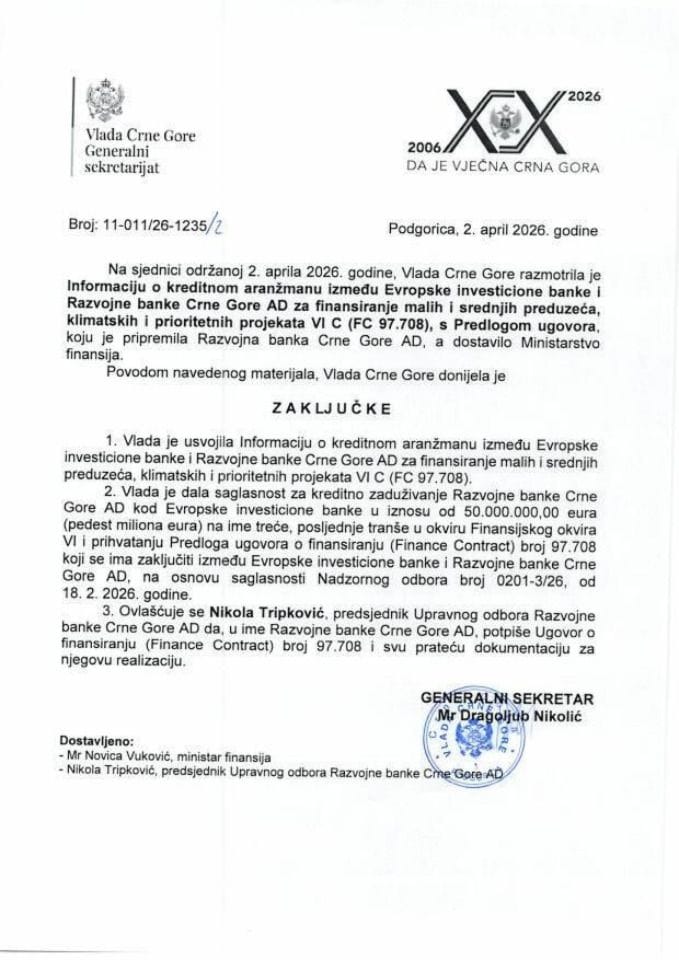 Информација о кредитном аранжману између Европске инвестиционе банке и Развојне банке Црне Горе А.Д. за финансирање малих и средњих предузећа, климатских и приоритетних пројеката VI C (FC 97.708) с Предлогом уговора - Закључци