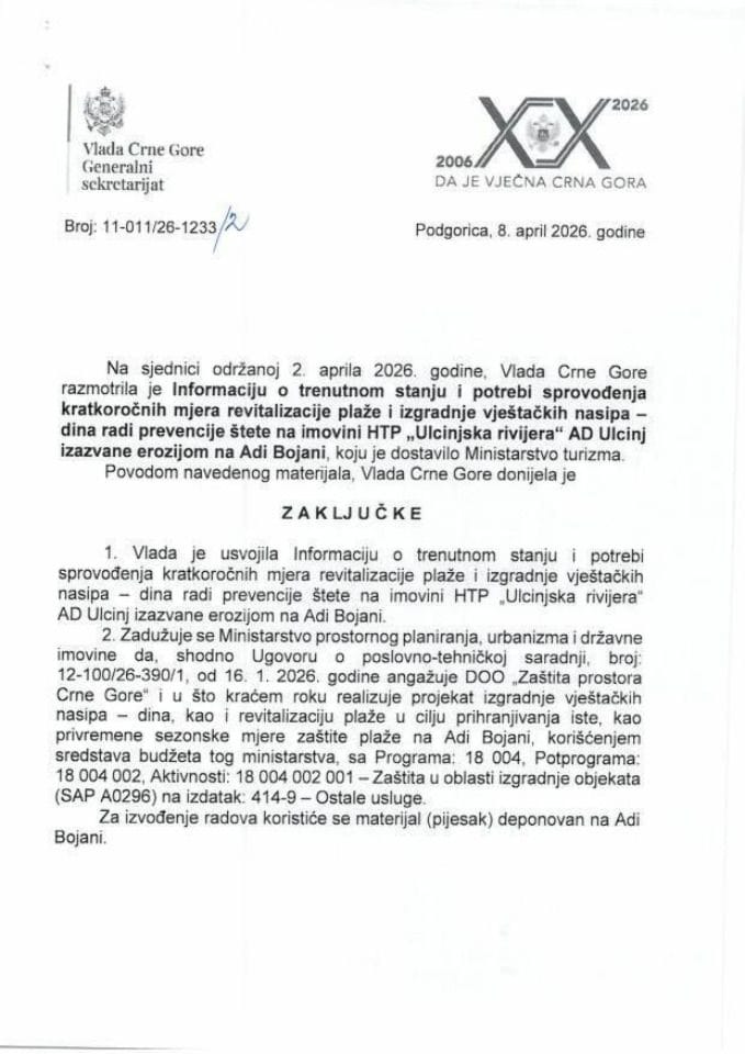 Informacija o trenutnom stanju i potrebi sprovođenja kratkoročnih mjera revitalizacije plaže i izgradnje vještačkih nasipa – dina radi prevencije štete na imovini HTP „Ulcinjska rivijera“ AD Ulcinj izazvane erozijom na Adi Bojani - Zaključci