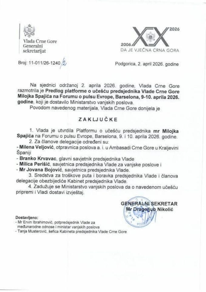 Predlog platforme o učešću predsjednika Vlade Crne Gore Milojka Spajića na Forumu o pulsu Evrope, Barselona, 9-10. aprila 2026. godine - Zaključci