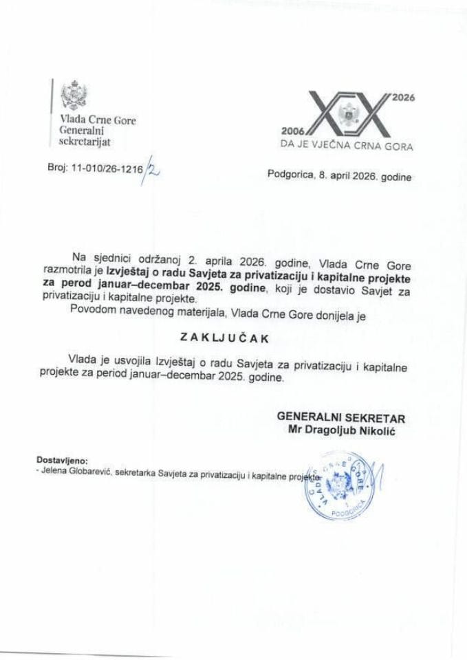 Извјештај о раду Савјета за приватизацију и капиталне пројекте за период јануар – децембар 2025. године - Закључци