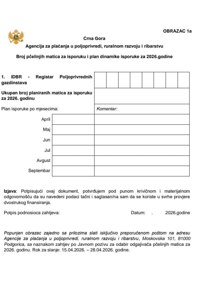 Obrazac 1a - Broj pčelinjih matica za isporuku i plan dinamike isporuke za 2026.godine
