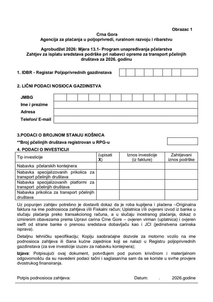 Obrazac 1 - Zahtjev za isplatu sredstava podrške pri nabavci opreme za transport pčelinjih društava za 2026.godinu